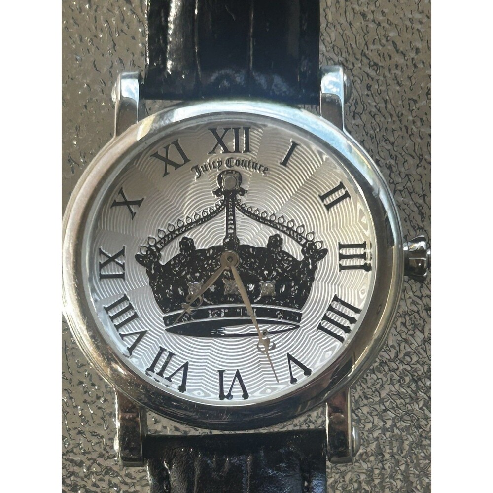 Juicy Couture Watch Womens Crown Crystal Dial Black Leather Y2K New Battery